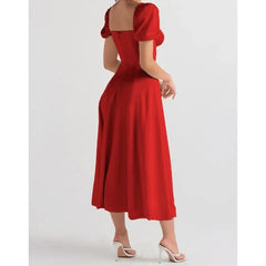 Lace-Up Split A-Line Elegant Puff Sleeve Dress
