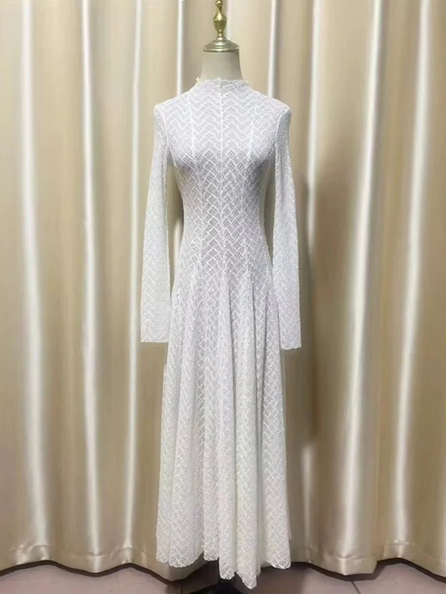Long Sleeve High Waist Chic Pleated Dress