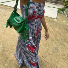Printed Check Plaid Casual Maxi Dress