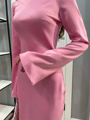 Satin Slim Long Sleeve High Waist Solid Party Dress