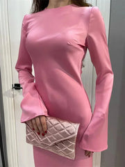 Satin Slim Long Sleeve High Waist Solid Party Dress