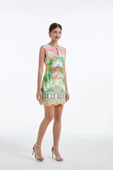 Sleeveless with Bow Cartoon Print Mini Dress