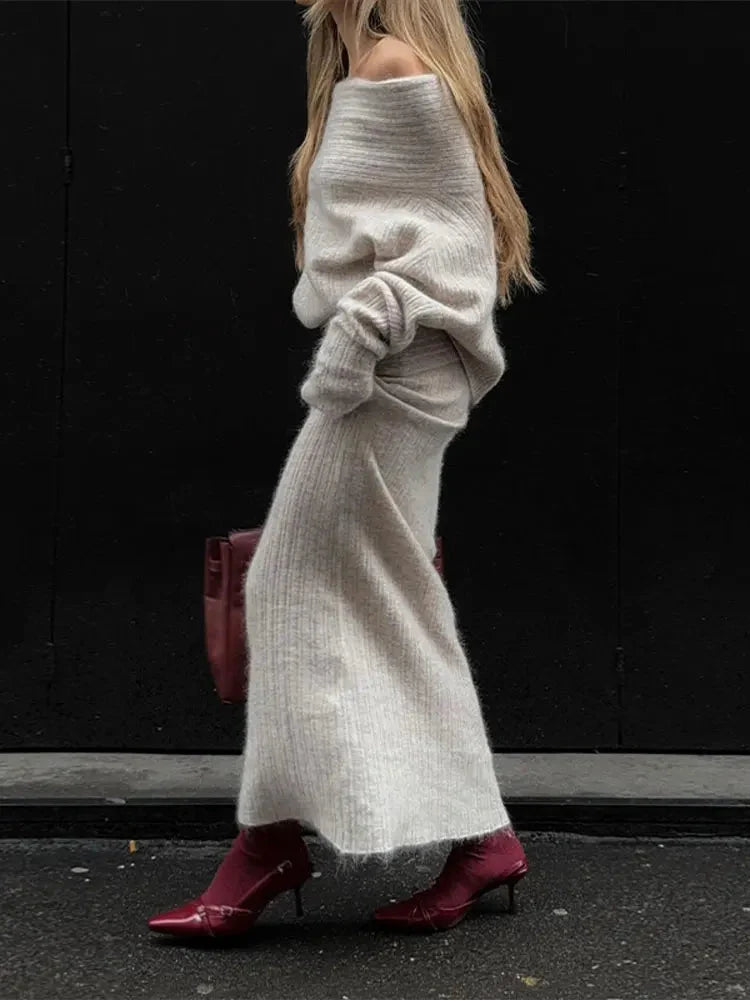 Solid Sweater Outfits Long Sleeve Tops+Half Skirt 2pc Set