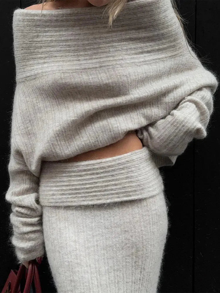 Solid Sweater Outfits Long Sleeve Tops+Half Skirt 2pc Set