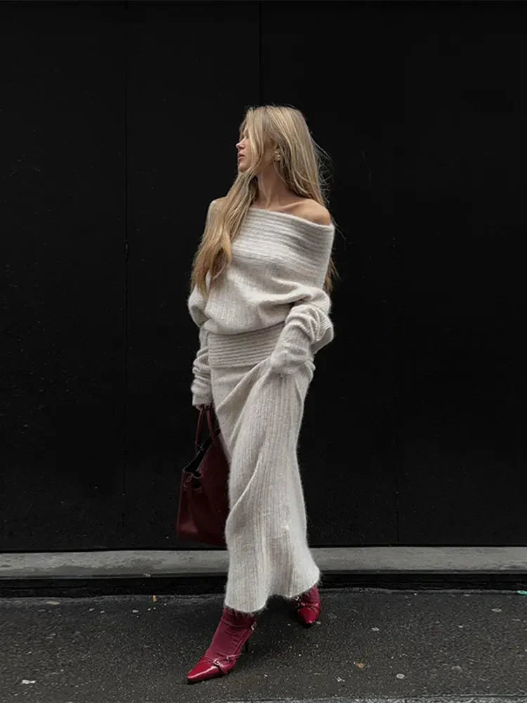 Solid Sweater Outfits Long Sleeve Tops+Half Skirt 2pc Set
