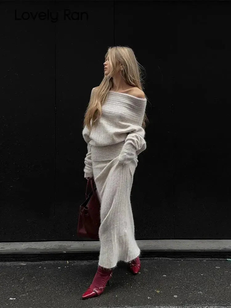 Solid Sweater Outfits Long Sleeve Tops+Half Skirt 2pc Set