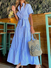 Striped Short Sleeve A-line Maxi Dresses