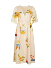 V-Neck Puff Sleeve Printed Midi Dress