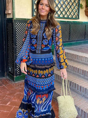 Vintage Print Loose Fit Maxi Dress