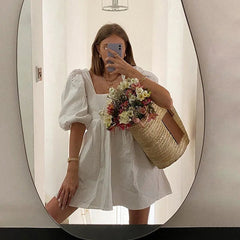 White Puff Sleeve Open Back Dress