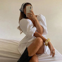 White Puff Sleeve Open Back Dress