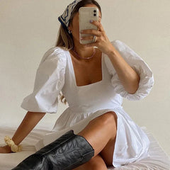 White Puff Sleeve Open Back Dress