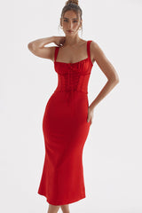 Red Satin Tie-Up Bustier Strappy Midi Dress
