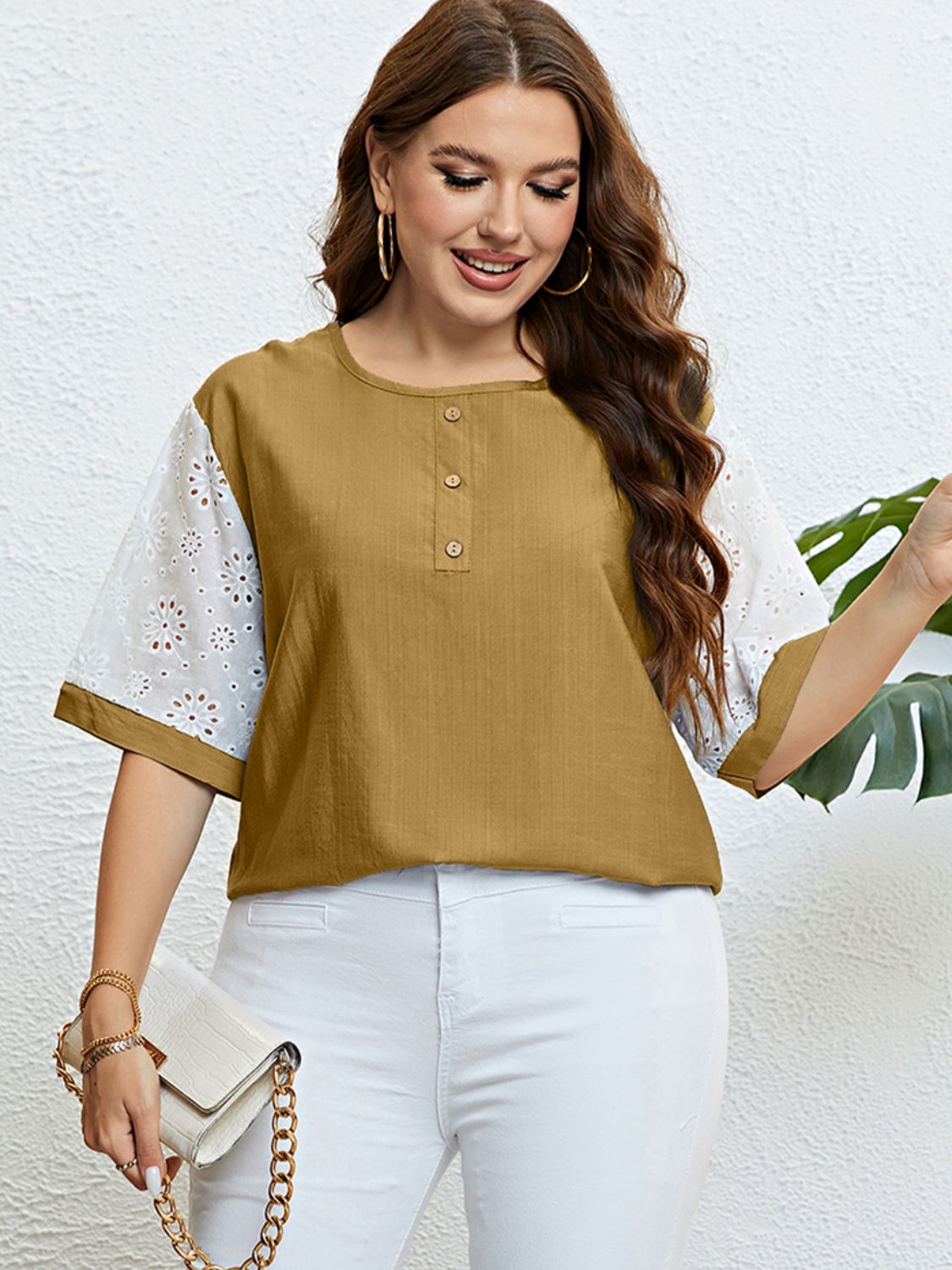 Plus Size Contrast Decorative Button Half Sleeve Top