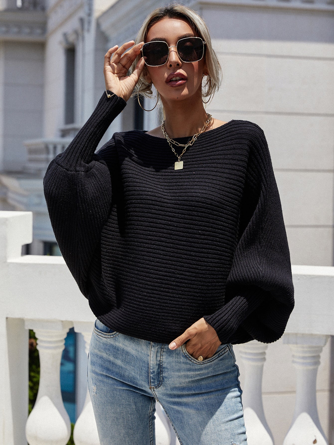 Horizontal Ribbing Dolman Sleeve Sweater