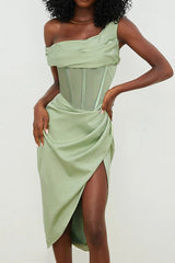 One-shoulder Paneled Irregular Slit Dress