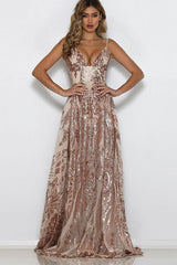 Patchwork Sequin Sparkly Double Slit Spaghetti Strap V-neck Elegant Wedding Maxi Dress