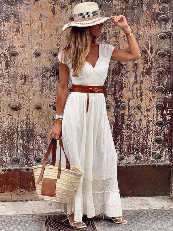 Vorioal V Neck Lace Maxi Dress