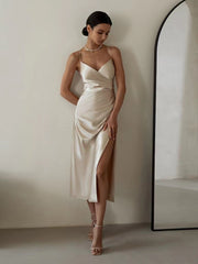 V-Neck Side Gathered Gown Dress