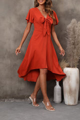 V-Neck  Short Sleeve Midi Dress