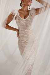 Off Shoulder Feather Slim Dress