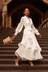 V-Neck Ruffle Irregular Long Sleeve Dress