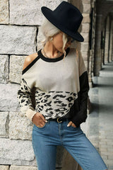 Leopard Color Block Cold-Shoulder Sweater