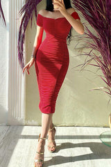 One-Shoulder Gathered Midi Dress