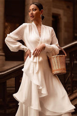 V-Neck Ruffle Irregular Long Sleeve Dress