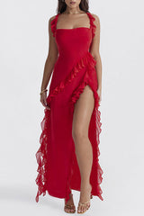 Mesh Frill High Split Backless Long Dress