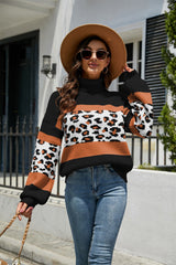 Turtleneck Tricolor Leopard Knit Sweater
