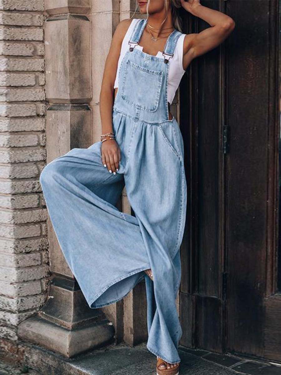 Vorioal Loose Denim Pocket Jumpsuit