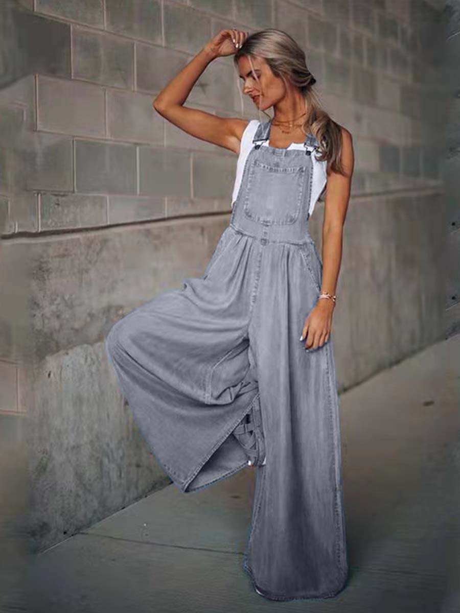 Vorioal Loose Denim Pocket Jumpsuit