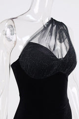 One Shoulder Sheer Silk Panel Midi Dress