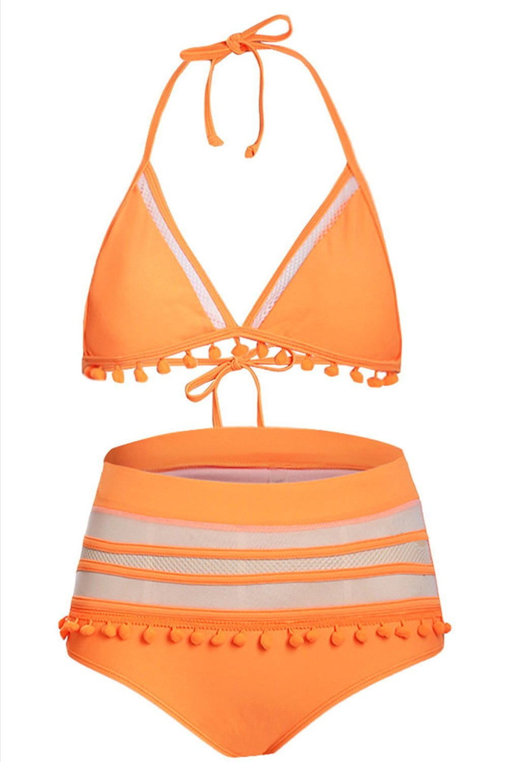 Orange Pom Pom Mesh High Waisted Bikini Bottom