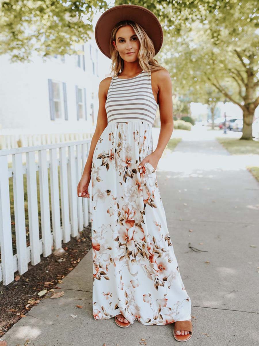 Vorioal Stripe Print Pocket Dress