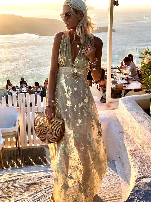 Vorioal Sexy V-Neck Gold Dress
