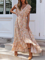 Vorioal V-neck Print Irregular Dress