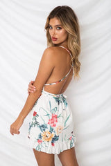 Lotus Flower Print Backless Mini Dress