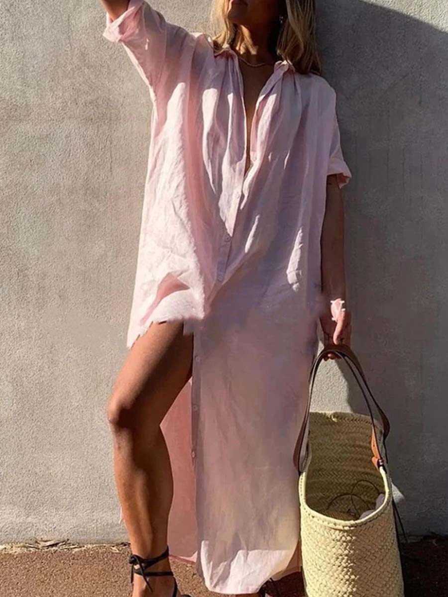Vorioal Solid Color Long Shirt Dress