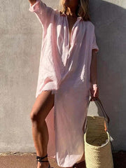 Vorioal Solid Color Long Shirt Dress