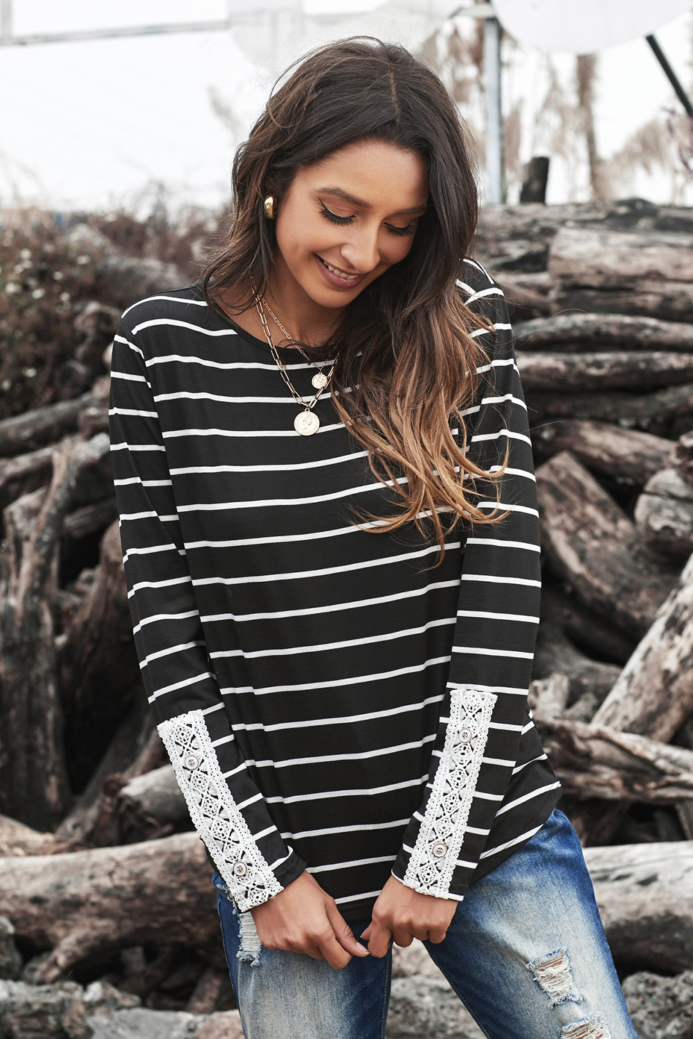 Striped Lace Button Detail Top