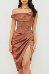 One-shoulder Paneled Irregular Brown Dress