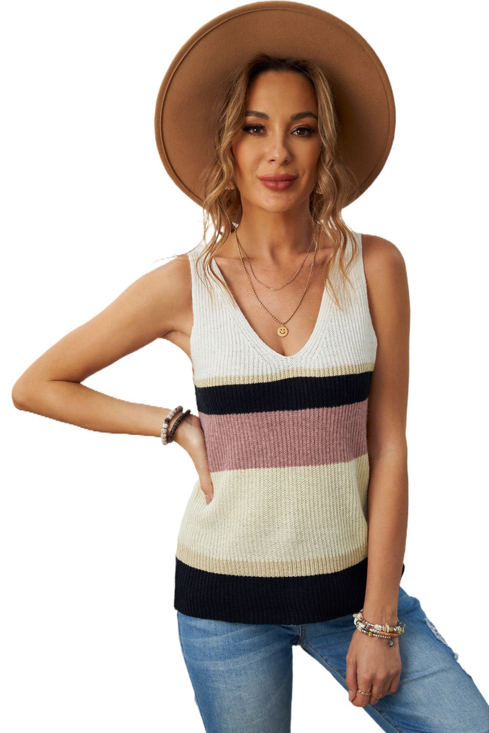 Color Block V-Neck Rib-Knit Tank