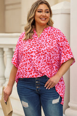 Plus Size Printed Notched Neck Half Sleeve Top