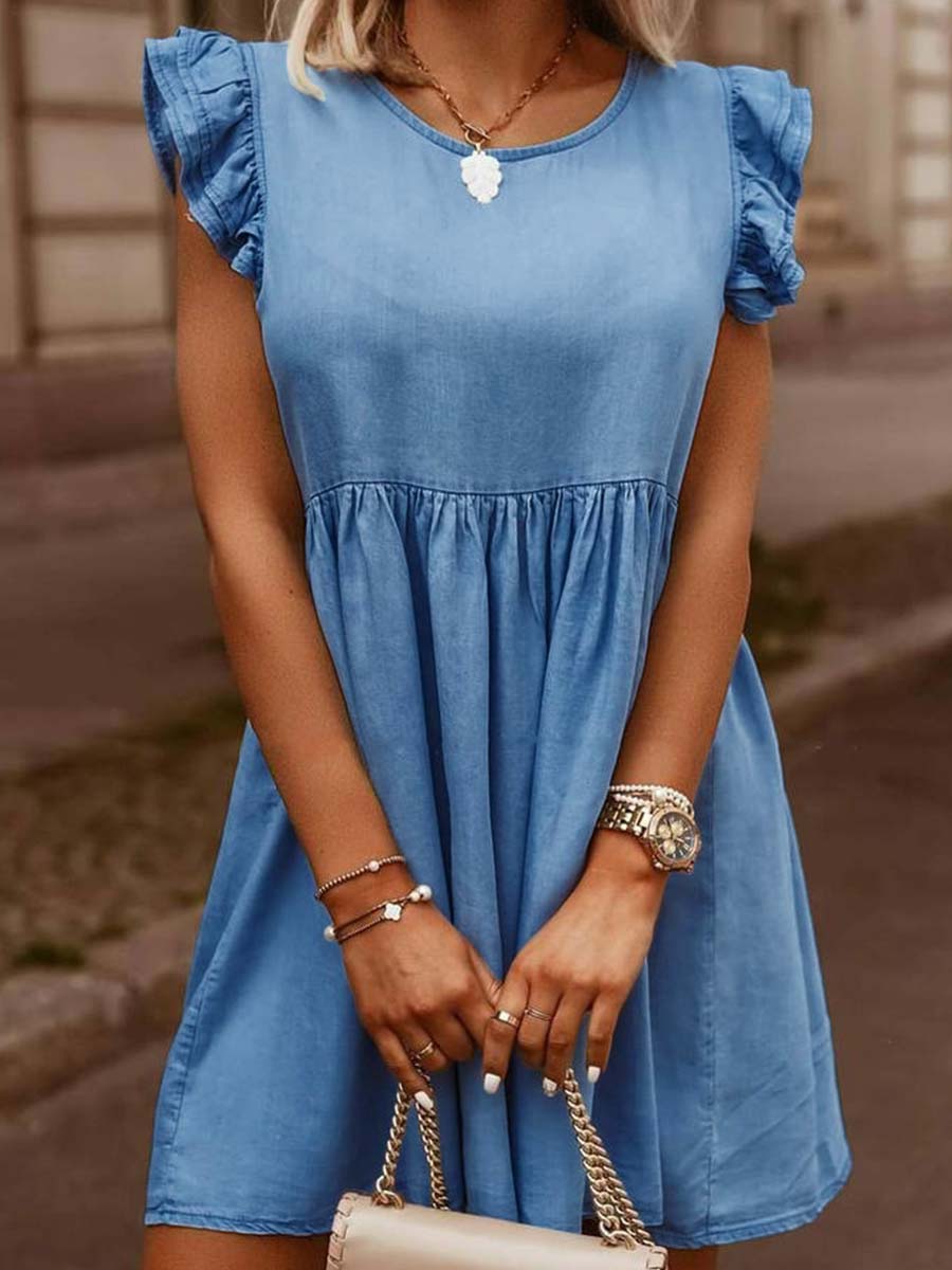 Vorioal Ruffle Cuff Denim Dress