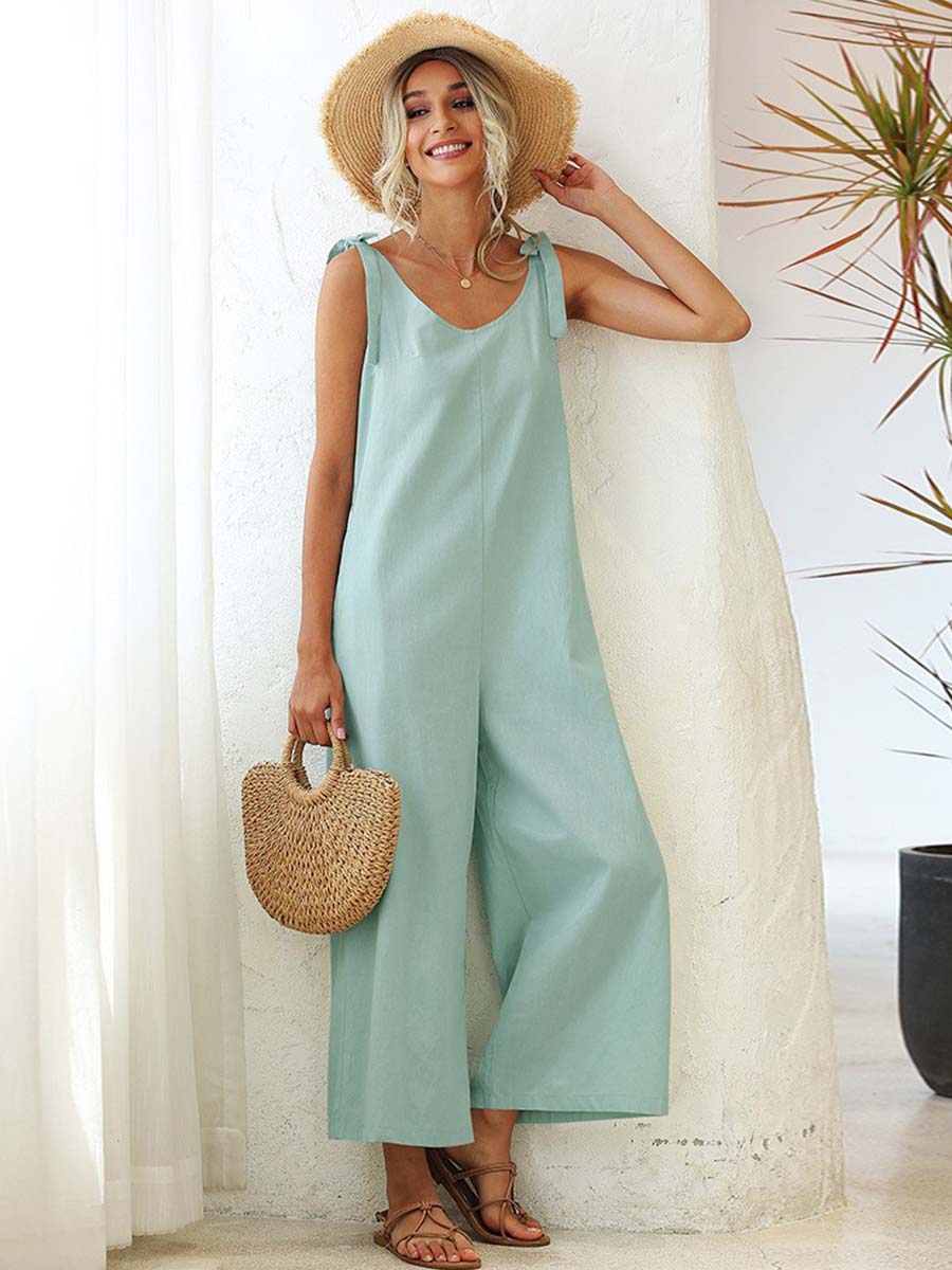 Vorioal Loose V Neck Solid Color Jumpsuit