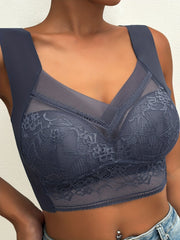 Contrast Lace Wireless Bra, Soft & Comfortable Tank Bra, Lingerie & Underwear Navy