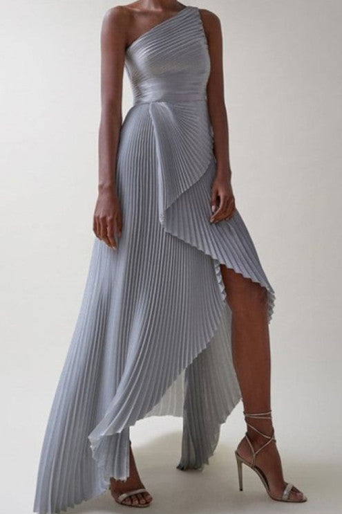 Women's Elegant Slanted Shoulder Asymmetrical Neck Pleated Dress