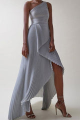 Women's Elegant Slanted Shoulder Asymmetrical Neck Pleated Dress